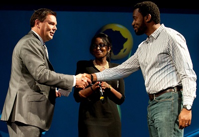 (L-r): Andrew Kemp, chief financial officer, Zainab Abiola, manager, Executive Projects, both from Etisalat Nigeria, presenting the prize for the most innovative product/service to Chukwuemeka Afigbo, head of Developer Outreach, Google, and member of the judging panel of the Etisalat Pan-African prize for innovation, on behalf of Efiwe mobile application at the Africa Com awards dinner held in CapeTown on Thursday last week